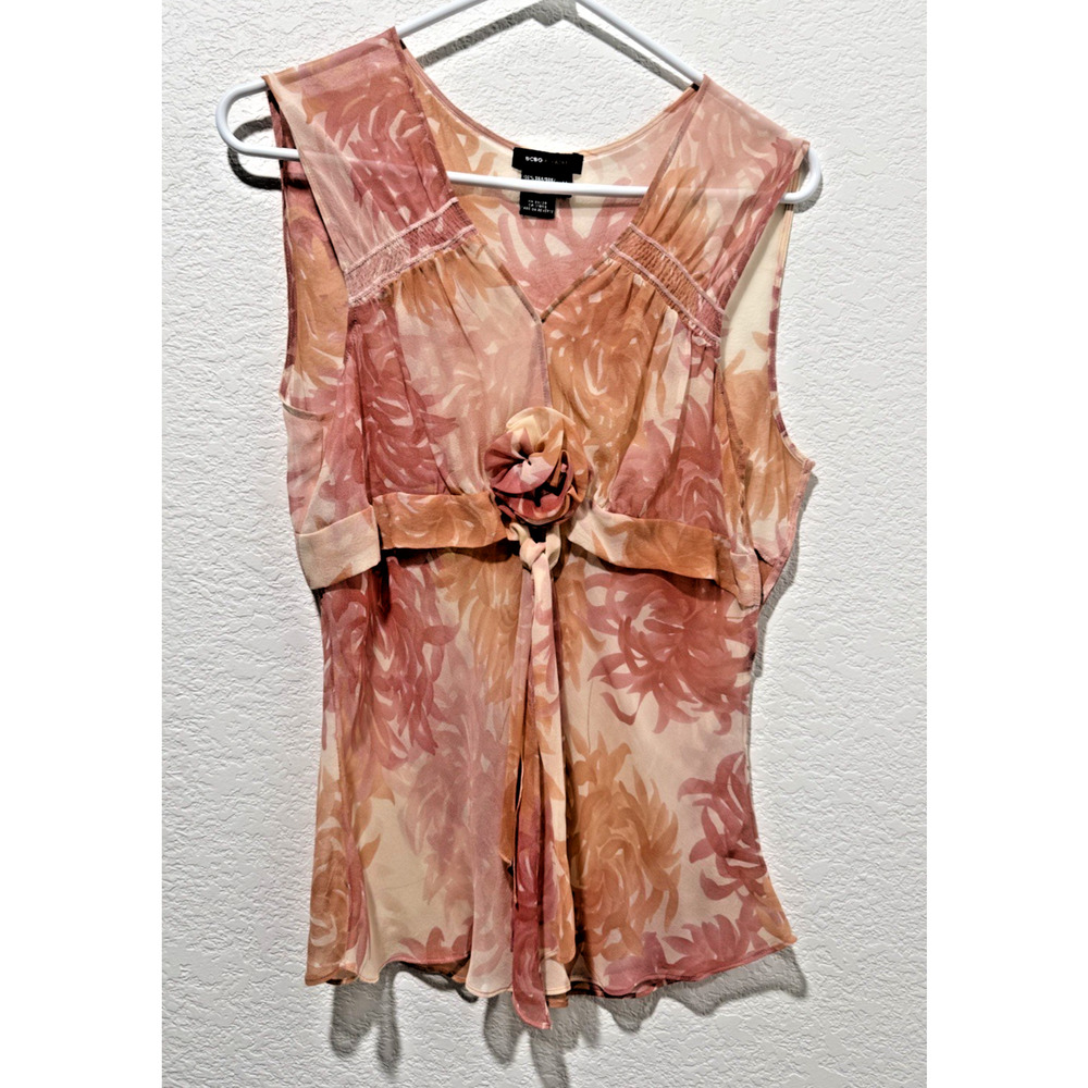 Y2K Silk Pink Floral Flowy Sheer Top Sleeveless Fairy Chiffon Sz M BCBGMaxaria